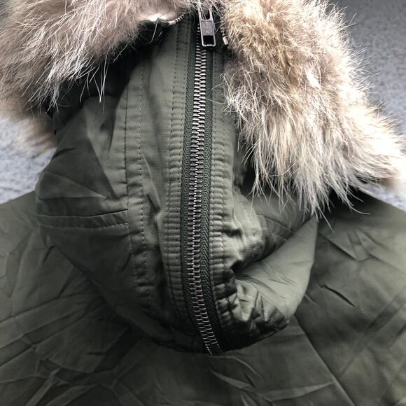 Theory Puffer Down Parka Military Coat Mens Medium Full Zip Coyote Fur Trim Hood - Picture 12 of 12